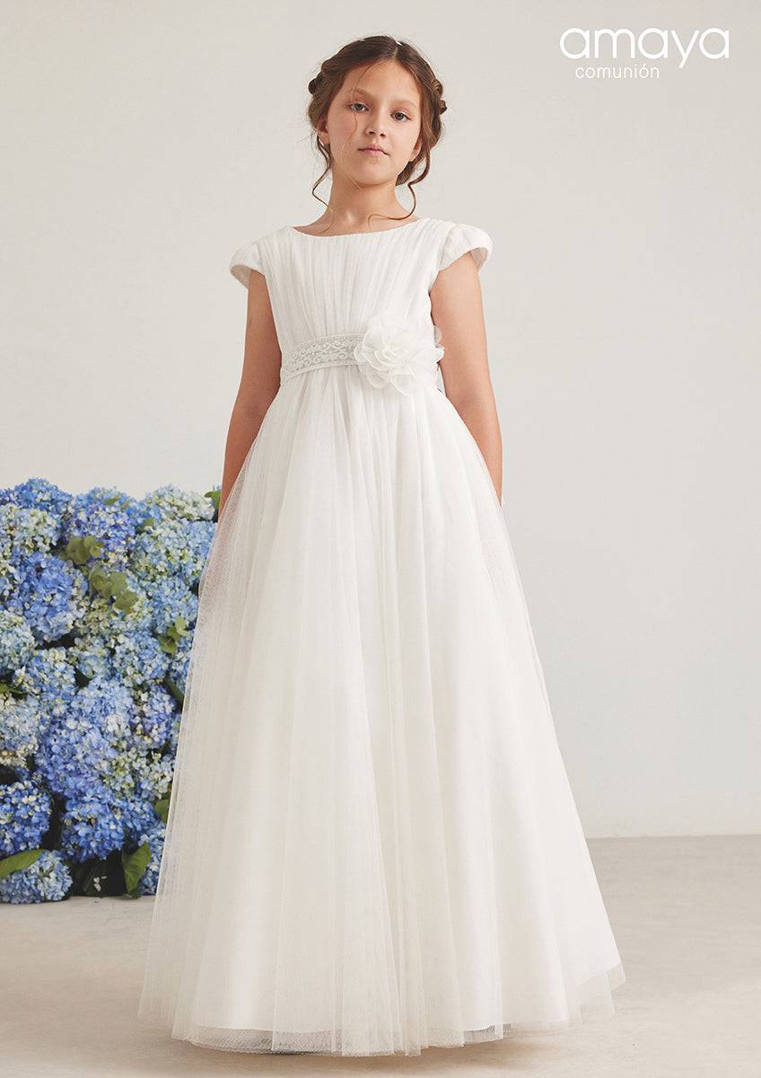 short holy communion dresses Short Princess Satin Jewel Neck Wedding First Communion Flower Girl Dr BIZTUNNEL