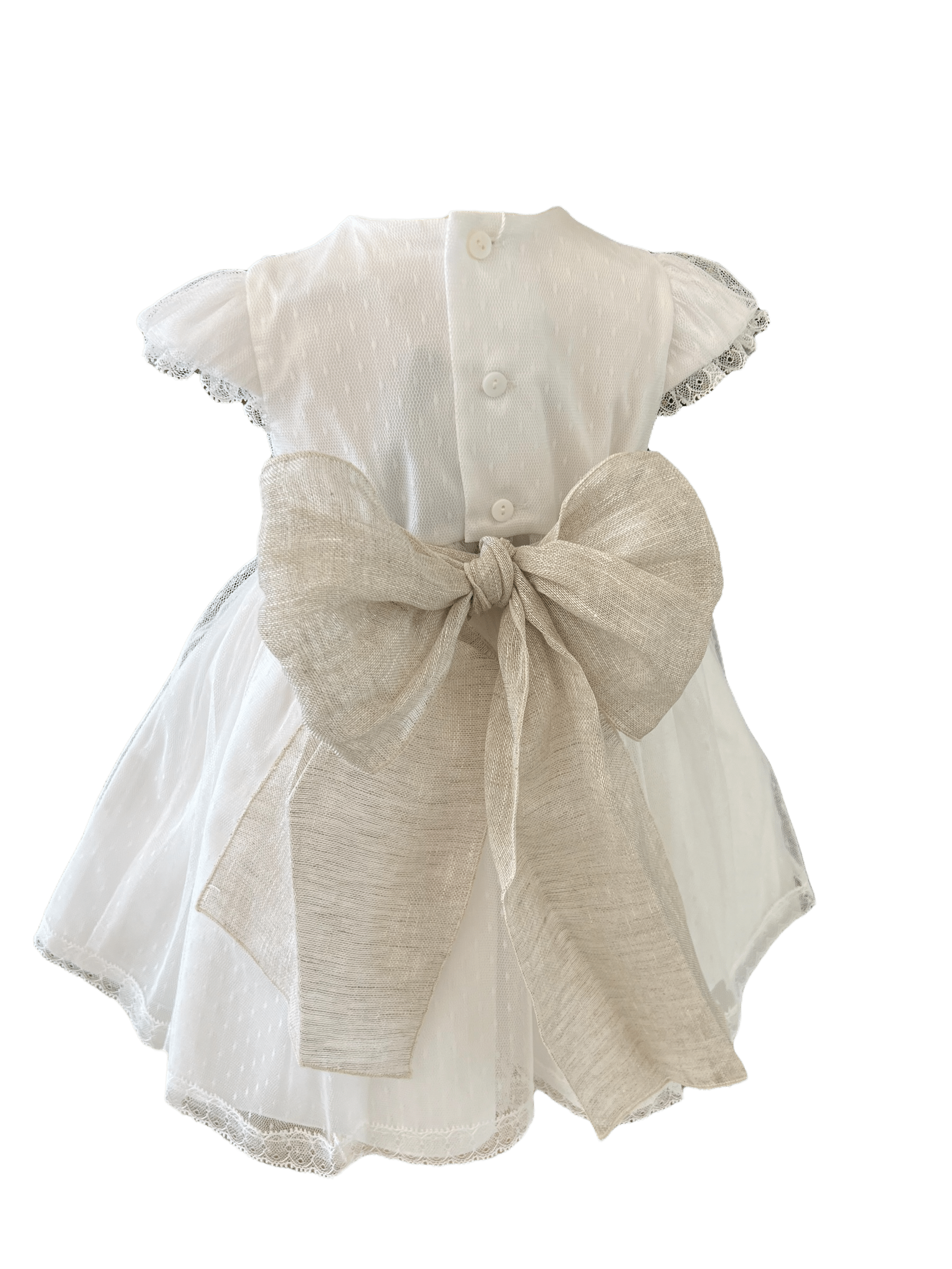 Plumeti Tulle And Linen Baptism Dress 9M / 1266 CRUDO TOSTADO